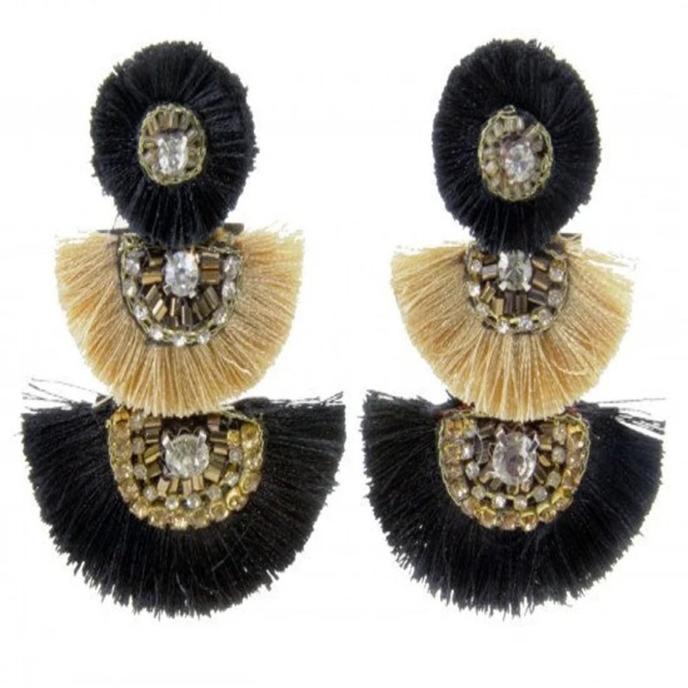 Black and Gold 3 Tier Crescent Tassel Post Earrings~Saints Earrings